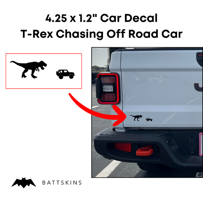 4.25 x 1.2" Car Decal T-Rex Chasing Off Road Car | Dinosaur Easter Egg Decal