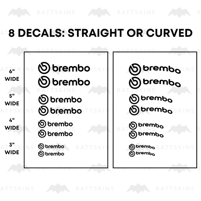Brembo Caliper Decals |  4 Sets (8 Decals) | Set sizes: 3, 4, 5, & 6"