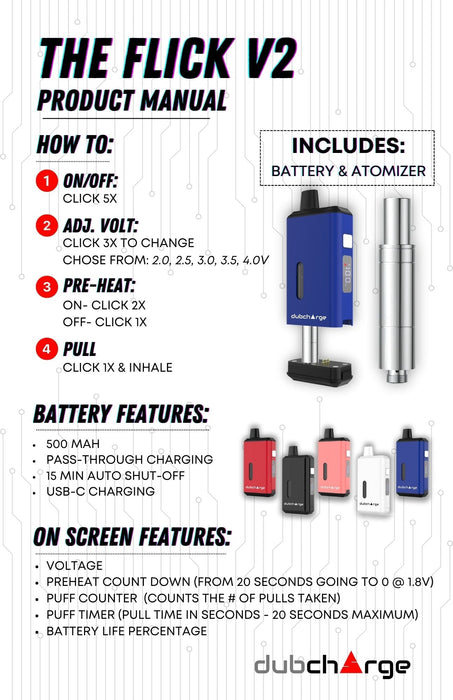 DubCharge Flick V2 Battery w/ Atomizer - Discreet 510 Thread (PRESALE)