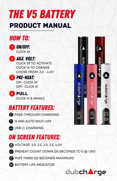 DubCharge V5 Smart Battery with LED Screen - 510 Thread Battery